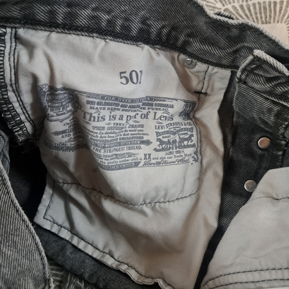 Levi's 501 Charcoal Gray Distressed Denim High Rise Button Front Shorties 29 - Picture 8 of 12